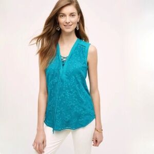 Maeve {Anthro} Embroidered Lace Swing Tank | Teal Tie Up Sleeveless Blouse | 10